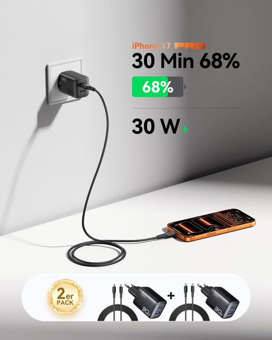 30W USB C Ladegerät 2er Set Schnellladegerät mit Kabel GaN PD