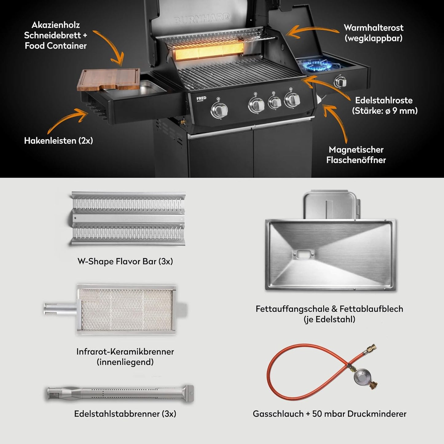 BURNHARD FRED Deluxe – Premium 3-Brenner Gasgrill mit Infrarot