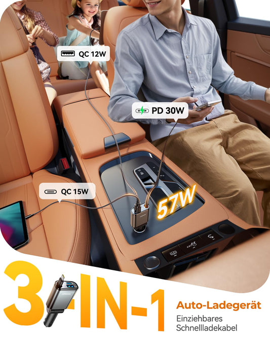 Ultrakompaktes 57W Auto Ladegerät mit Einziehbarem USB C Kabel