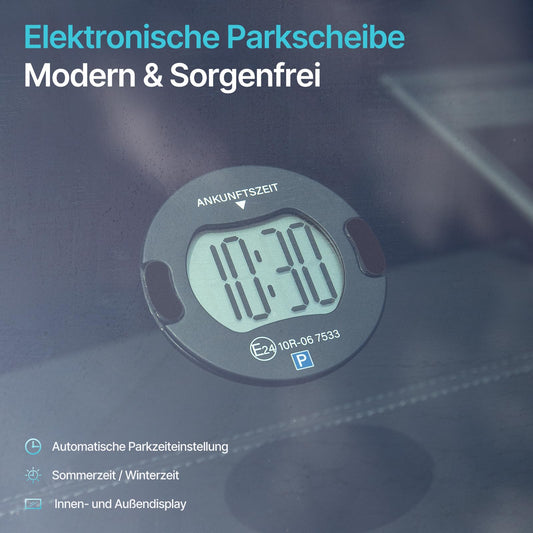 Parkturon Elektronische Parkscheibe PT01 mit Zulassung, Automatische Parkscheibe elektrisch für Autos, Digitale Parkuhr mit 2 Displays & Nachtparkmodus (Schwarz)
