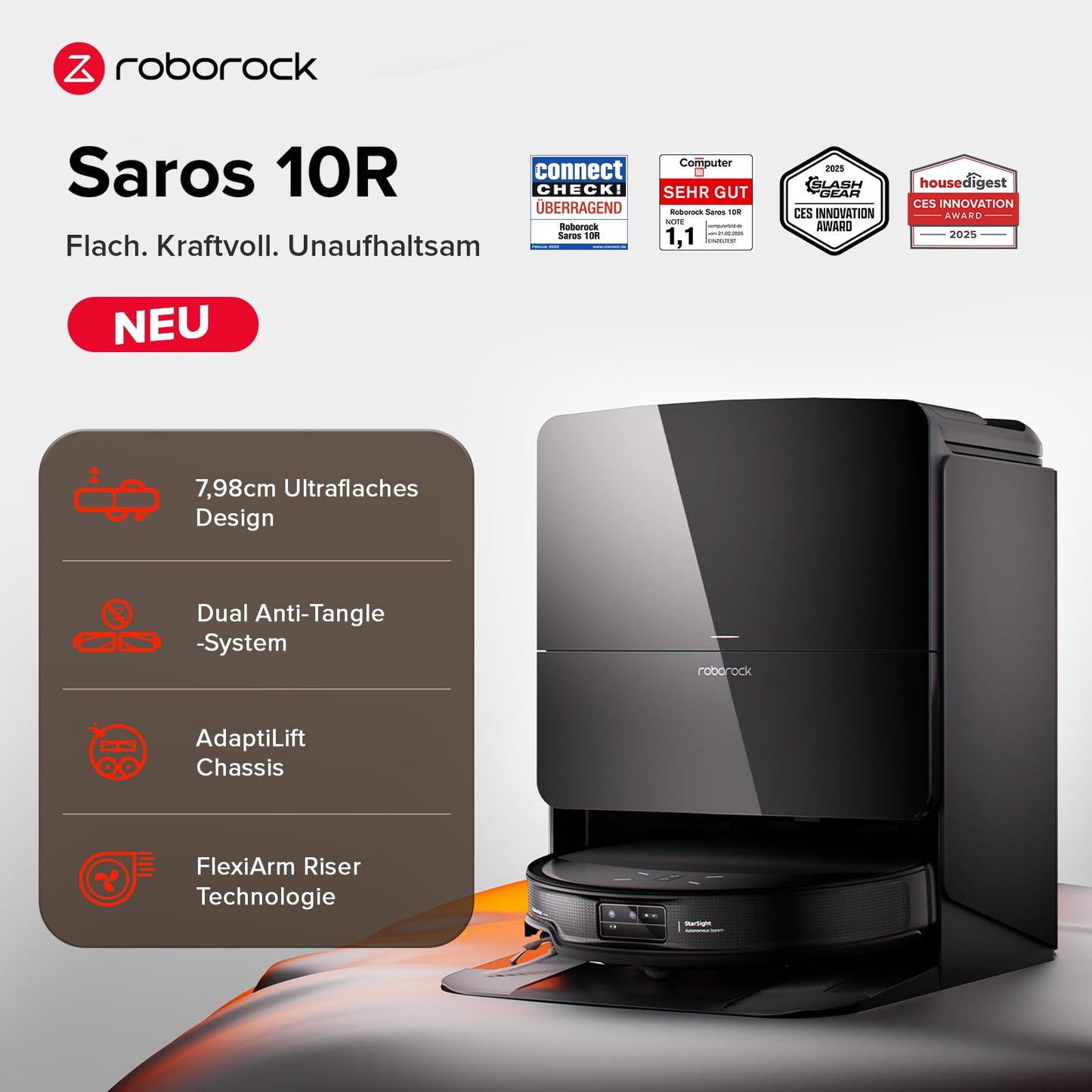 roborock Saros 10R Set Saugroboter mit Wischfunktion&angebbarem Wischmopp, 22.000 Pa HyperForce Saugkraft, 7,98cm Ultra-Slim Design, StarSight System 2.0, Zero-Tangle System (Mit 2 Wischmopps)