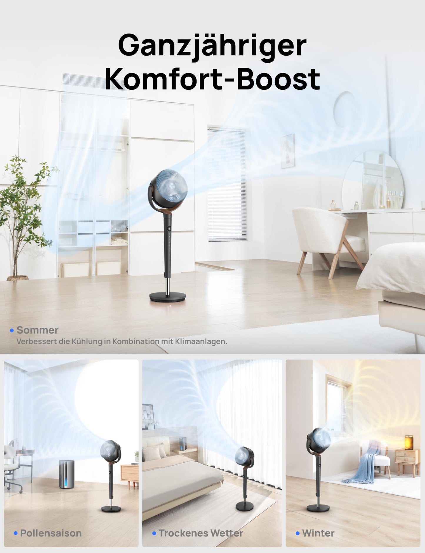 DREO Standventilator sehr leise, Ventilator groß mit Fernbedienung, 20dB Silent Ventilator mit DC-Motor, 120° Oszillierend, 4 Modi, 94-107cm höhenverstellbar, Bodenventilator, TurboPoly Fan 512, Grau