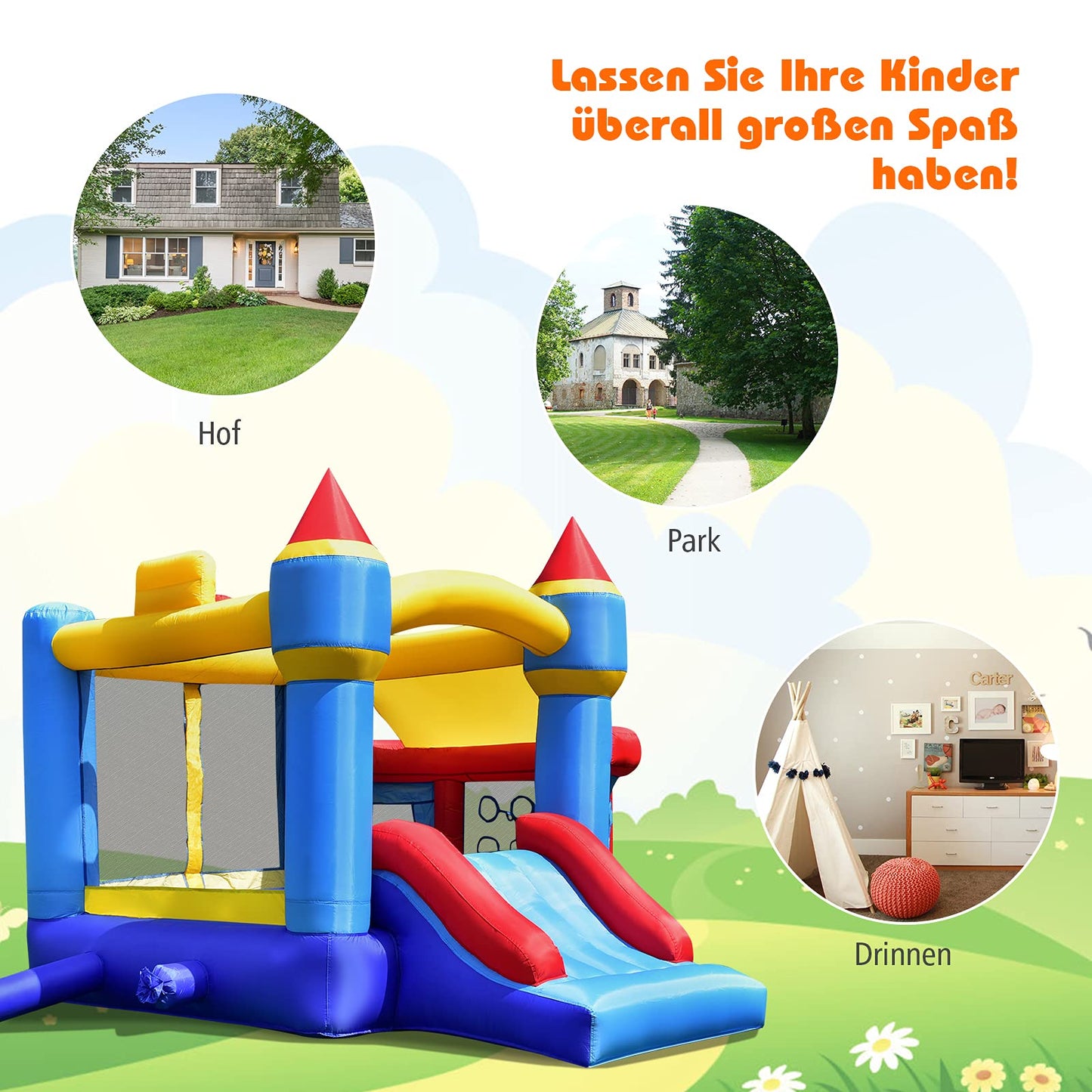 COSTWAY Kinder aufblasbare Hüpfburg, Hüpfburg mit Rutsche, Ballgrube, Reparaturflicken, Aufbewahrungstasche, Kinder-Hüpfburg für Hinterhof, Indoor & Outdoor-Einsatz 270x240x196cm
