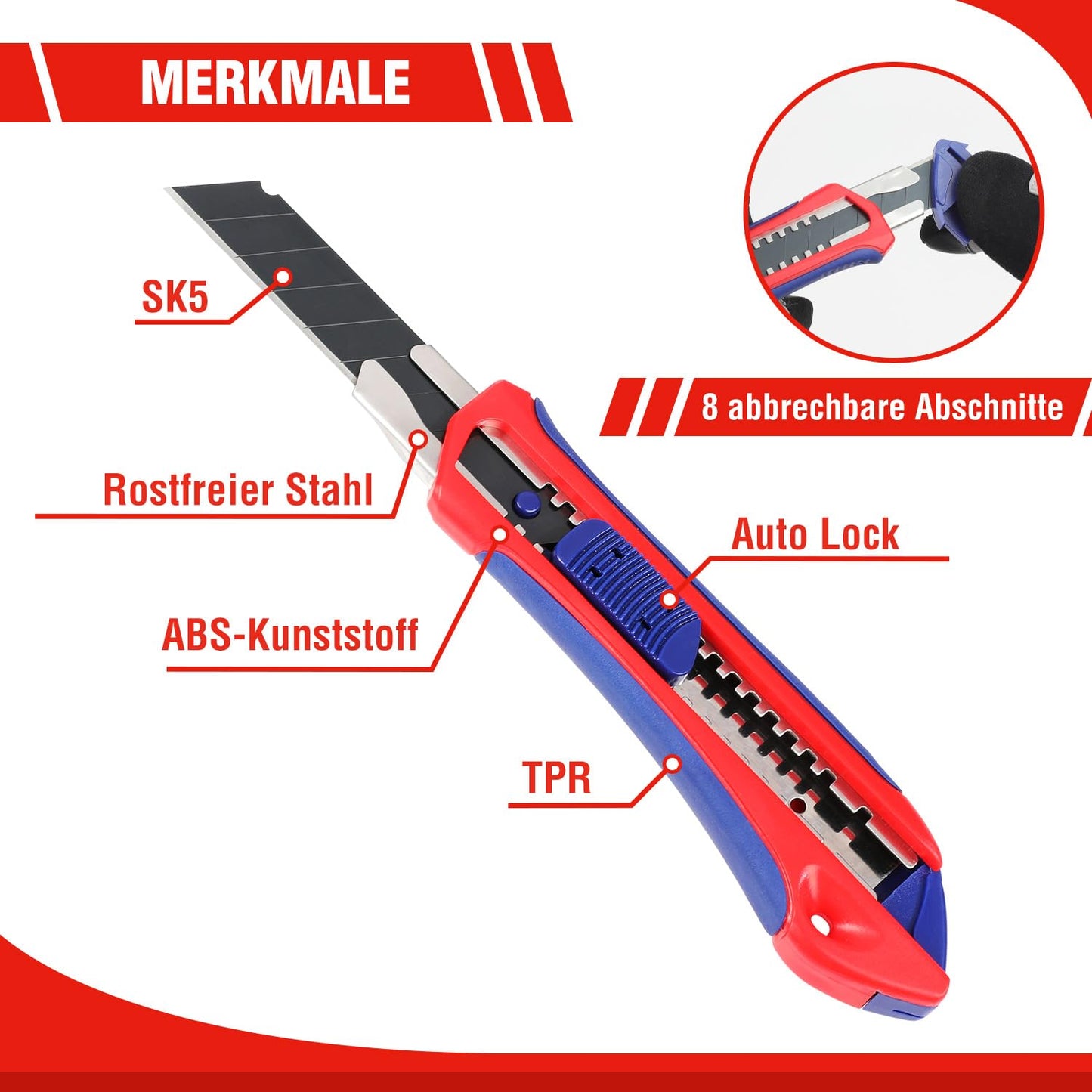 WORKPRO 5 Stück Cuttermesser Set 18mm mit 20 Ersatzklingen aus SK5, Profi Cuttermesser Abbrechklinge Kartonmesser, Mehrzweck Messer Allzweckmesser mit Gummigriff, Schneiden zum Papier, Karton