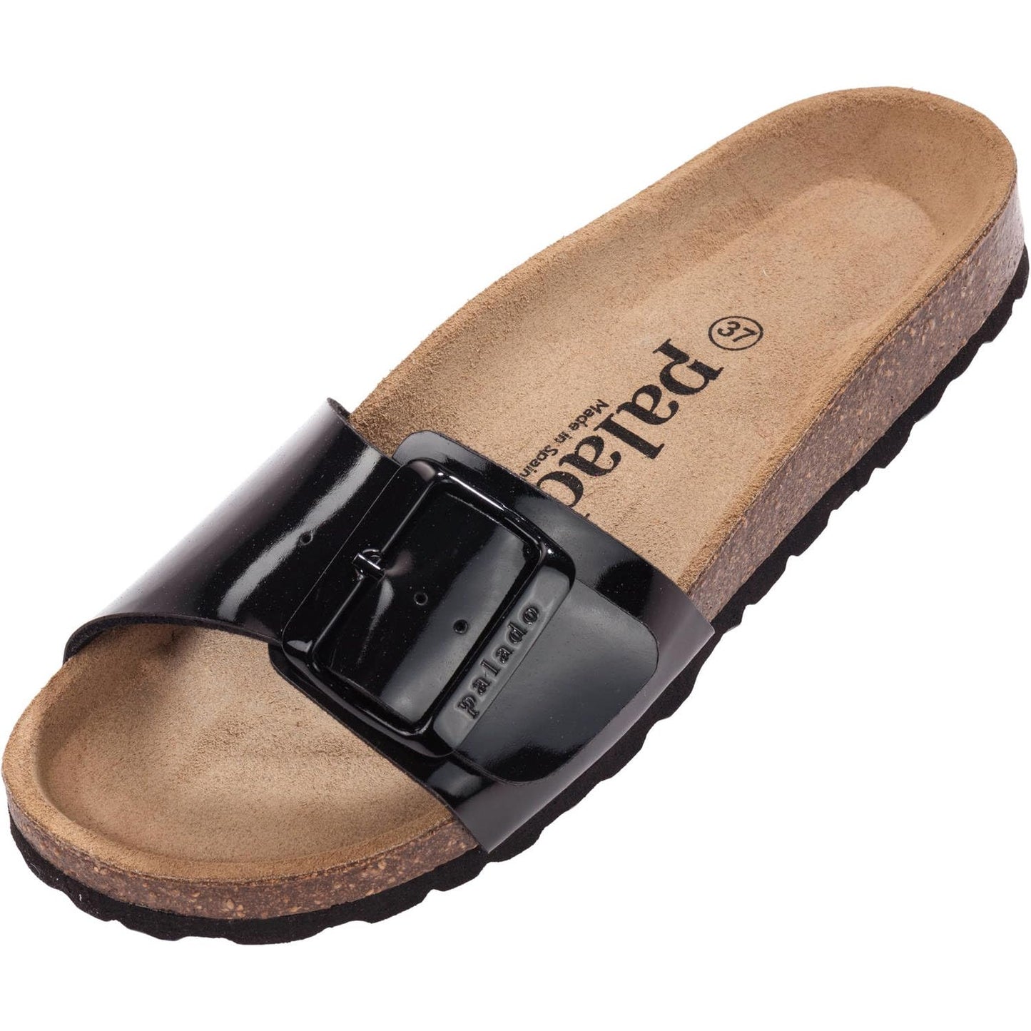 Palado Pantoletten Damen Malta EGS Lack – bequeme Sandalen Made in Spain - Hausschuhe mit dämpfendem Kork-Fußbett - modische Sommerschuhe Schwarz/Schwarz UK3,5 - EU36