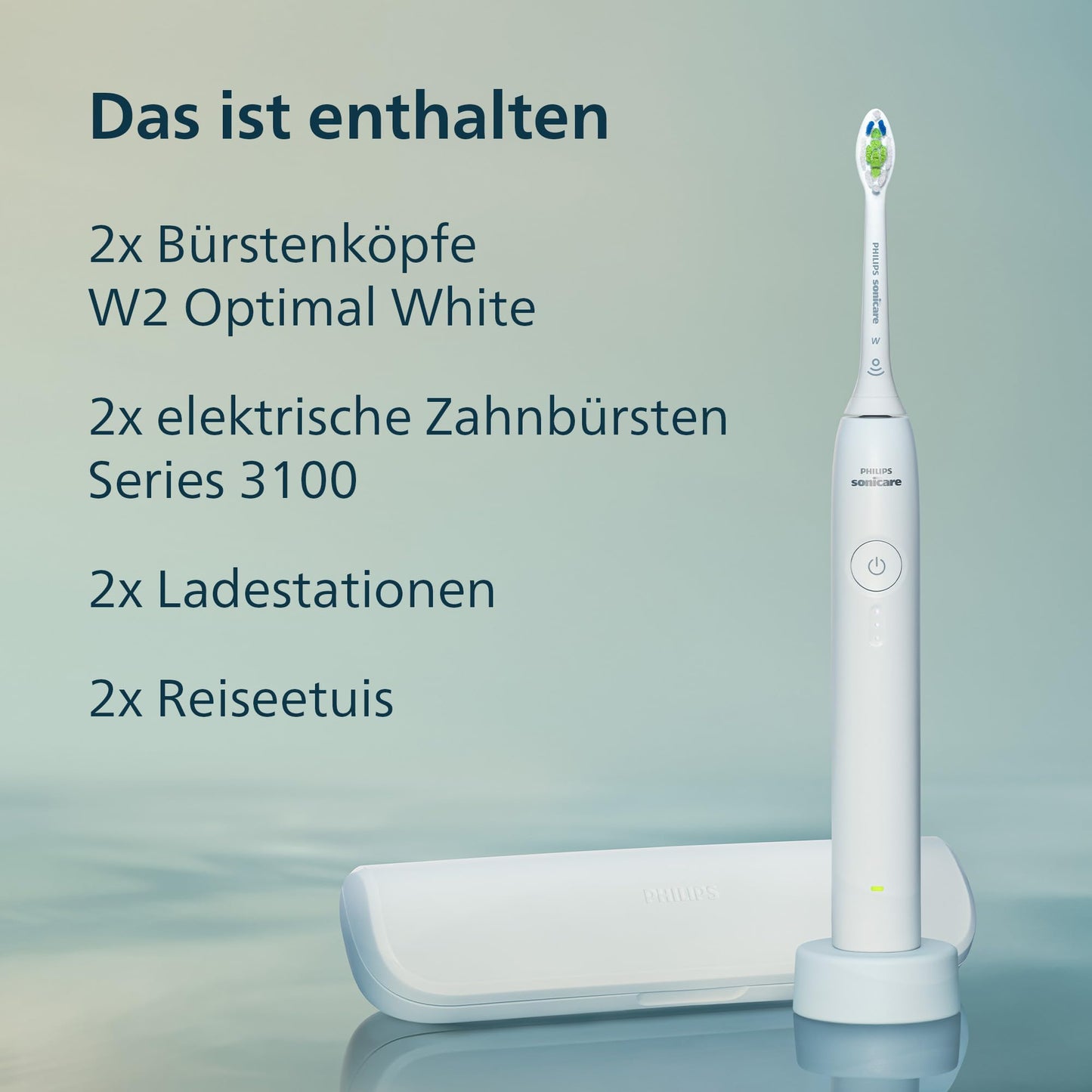 Philips Sonicare Series 3100 Elektrische Zahnbürste – Schallzahnbürste mit Drucksensor, 3 Intensitäten, EasyStart, SmarTimer, 14 Tage Laufzeit, Reiseetui, Weiß, 2er-Pack, HX4072/41, [Neu]
