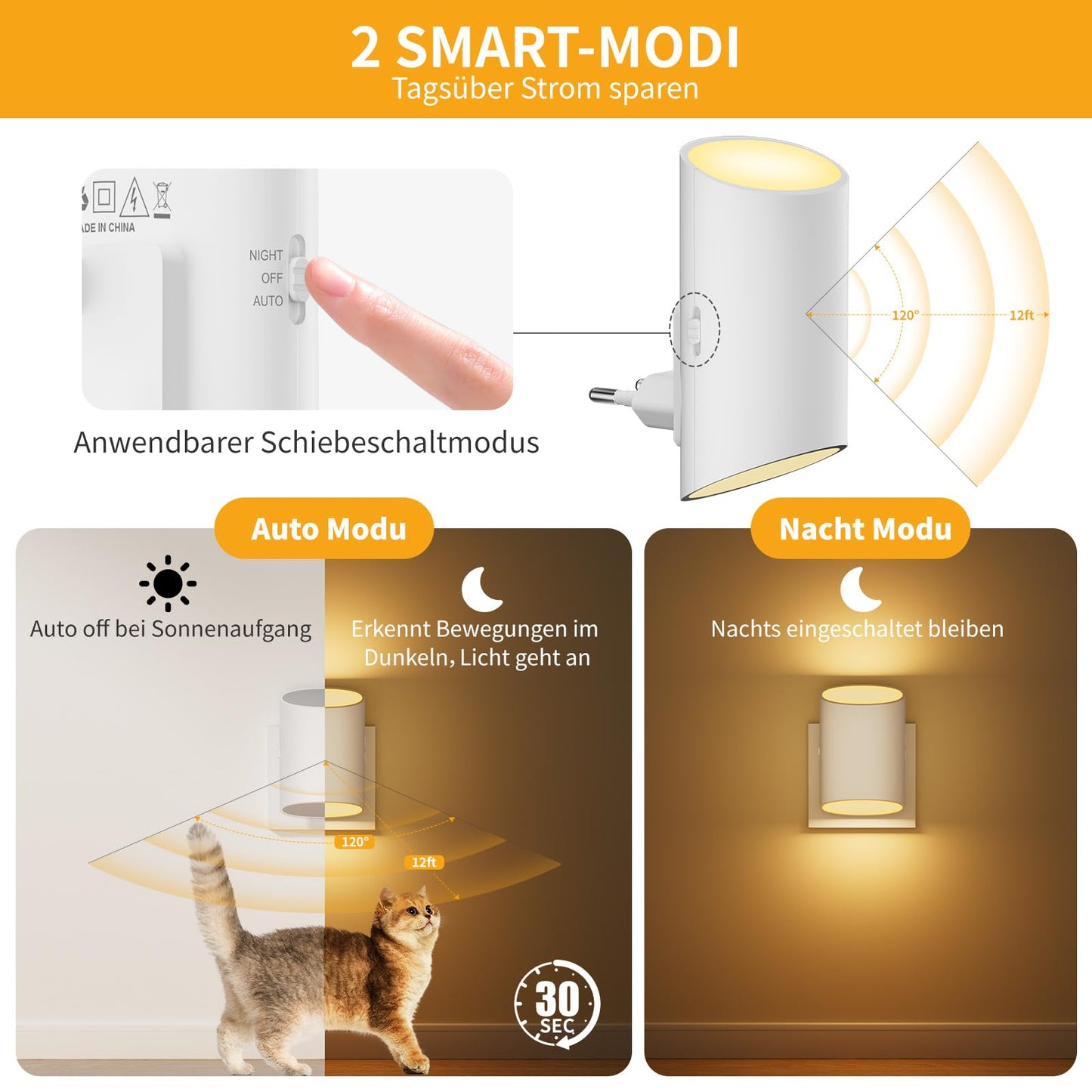 Nachtlicht Steckdose mit Bewegungsmelder und Dammerungssensor 2 Stuck