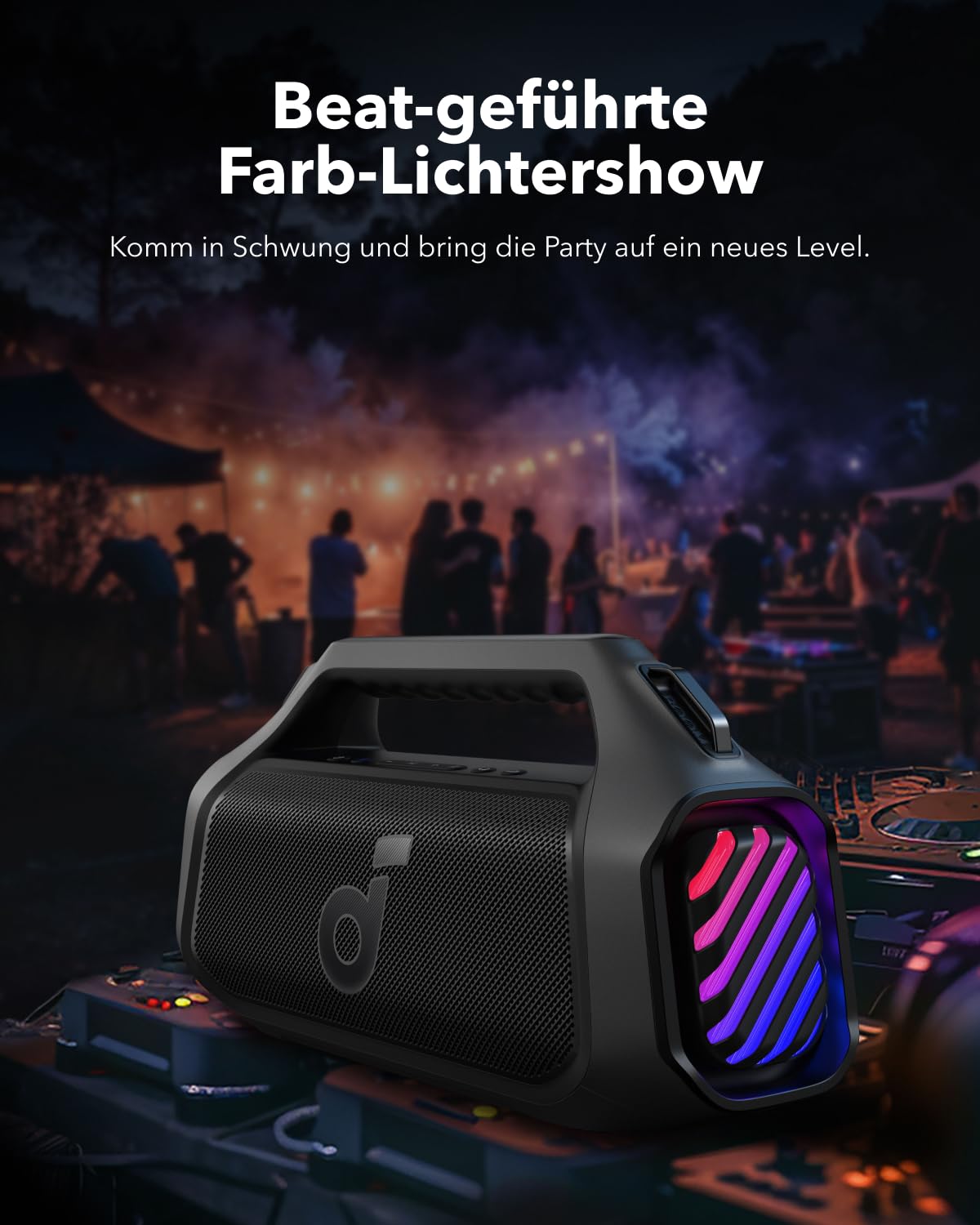soundcore Boom 2 Plus Outdoor Lautsprecher, 140W, 2+2 Channel, BassUp 2.0, 20h, Schnellladung, IPX7 wasserdicht, RGB Lichter, USB-C, Power Bank, BT 6.0, tragbarer Bluetooth Lautsprecher, Camping