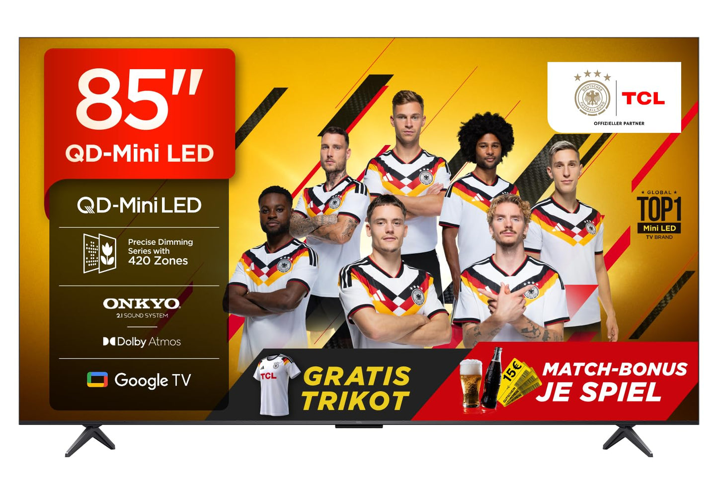 TCL 85Q6C 85 Zoll QD-Mini LED Fernseher, 4K HDR Premium 1000nits, Smart TV mit Google TV (Dolby Vision IQ & Atmos, Onkyo 2.1 Soundsystem, 144Hz Motion Clarity Pro, Game Master)