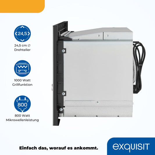 Exquisit EMW 20.1G Einbau-Mikrowelle | 20 L Garraum | 800 W | Inoxlook | 1000 W Grilleistung | 5 Leistungsstufen | Timer | Drehteller: 24,5cm Ø | 8 Autokochprogramme | Innenbeleuchtung