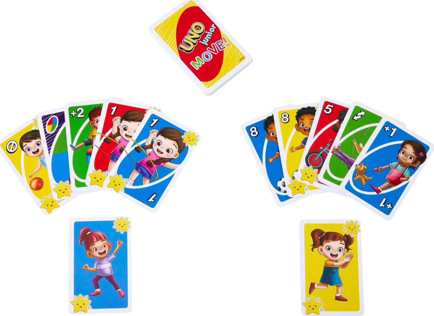 UNO Junior Move! - Aktive Variante des Kartenspiels, 3 Schwierigkeitsstufen für Einstieg jüngerer Spieler, Bewegungskarten, für Kinder ab 3 Jahren, HNN03