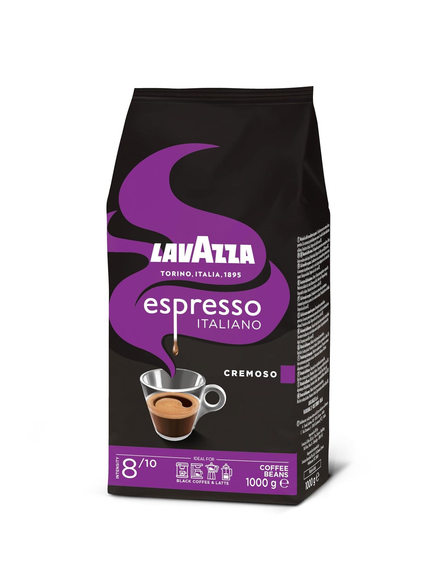 Lavazza, Espresso Italiano Cremoso, Arabica und Robusta Kaffeebohnen, mit Aromanoten von Gewürzen und Kakao, Intensität 8/10, Mittlere Röstung, 1 Packung mit 1 Kg (Packung mit 3)