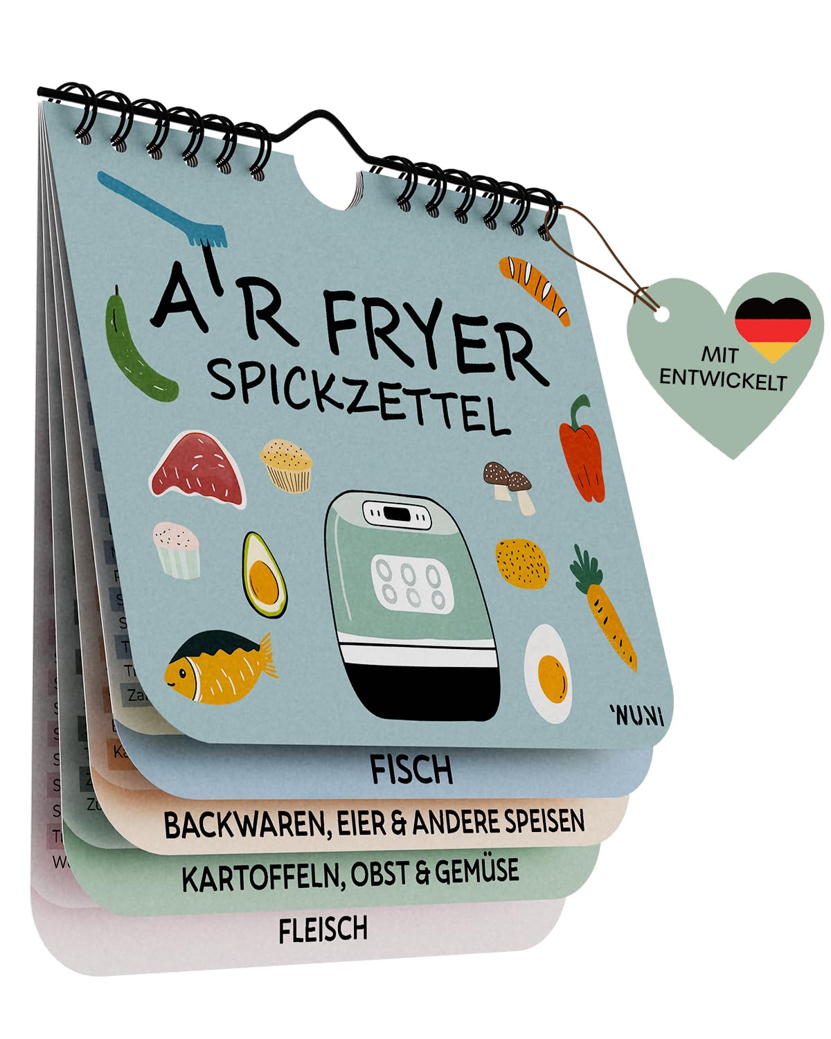 Kompakter Airfryer Spickzettel mit 127 Rezepten und Garzeiten
