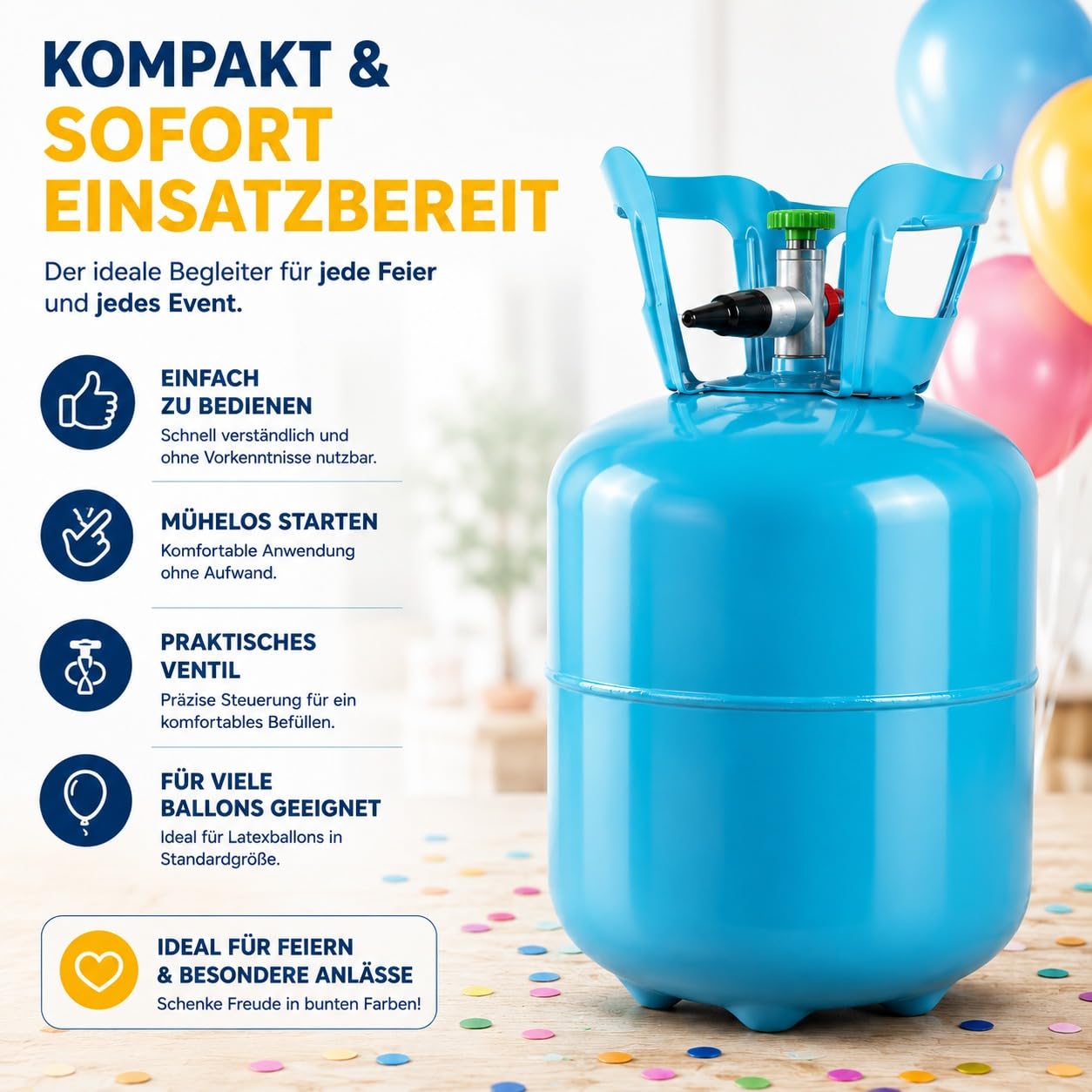 Ballongas [für 20 Luftballons]– Helium Balloon Gas für bis zu [20 Luftballons] – Ballongas - Helium Gasflasche klein inkl. STAHLMANN ® Informationsblatt