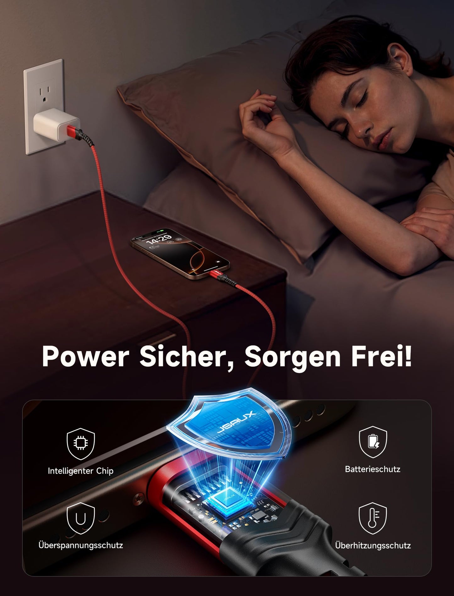 Robustes USB C Schnellladekabel 2 Meter Rot 2er Set