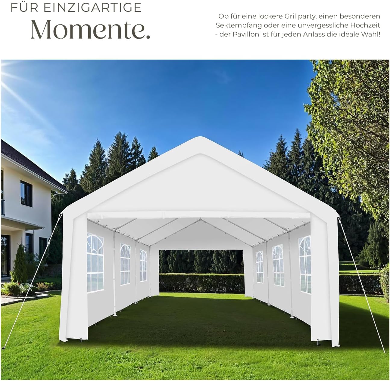 tectake® Pavillon, Partyzelt 4x6 m, 100% wasserdicht, Gartenpavillon mit 4 Seitenwänden, Festzelt mit UV-Schutz, Eventzelt, inkl. Erdnägel und Spannseile, für Festival, Hochzeit, Party - weiß