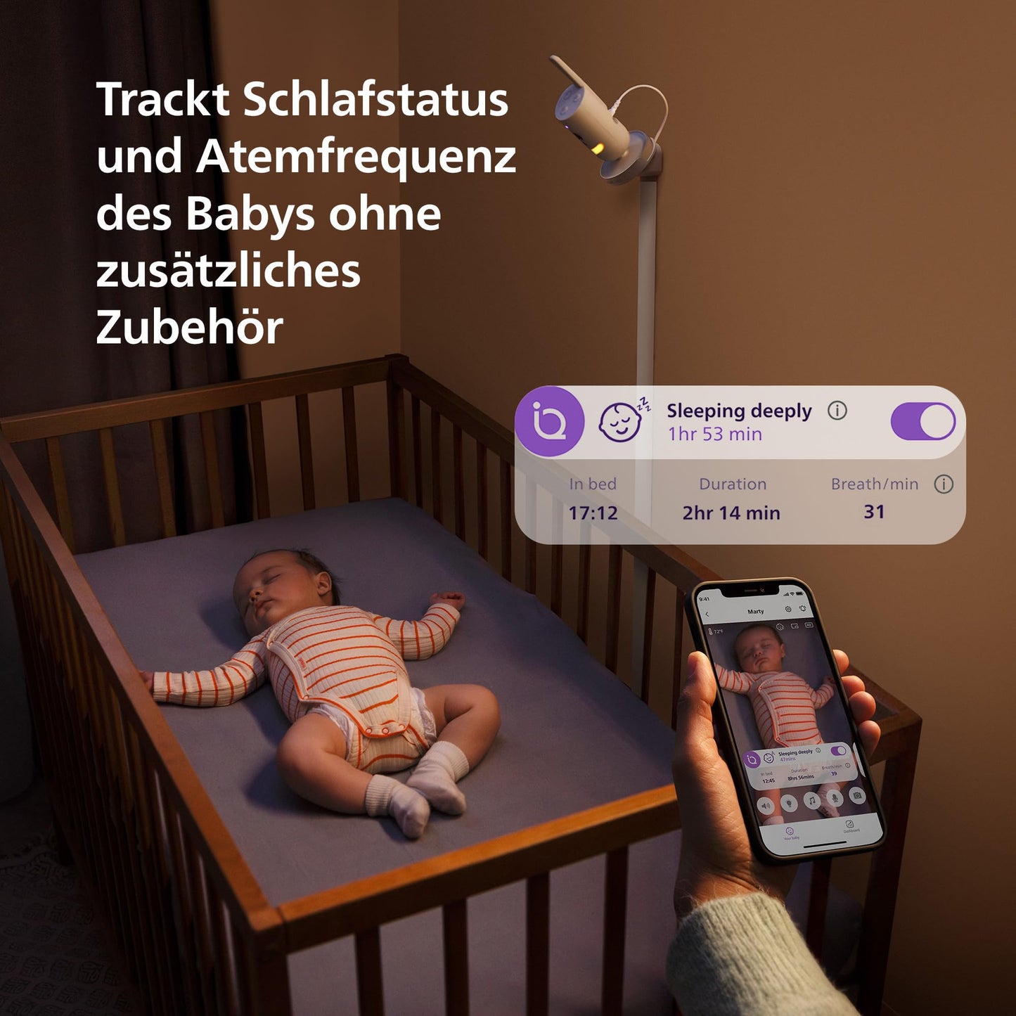 Philips AVENT Premium Connected Babyphone mit Kamera, das bisher Beste Babyphone, Schlaf- und Atmungs-Tracking mit KI, Schrei-Interpretation, DEKRA Zertifiziert privat und sicher, SCD973/26