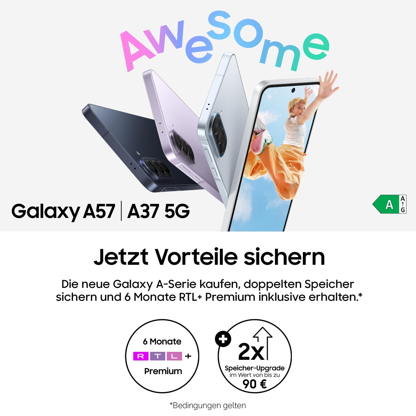 Samsung Galaxy A57 5G, Schlankes AI-Smartphone, Awesome Intelligence, 256 GB Speicherplatz, 50 MP Weitwinkel-Kamera, Bis zu 2 Tage Akkulaufzeit, IP68, Awesome Gray, 2,5 Jahre Herstellergarantie