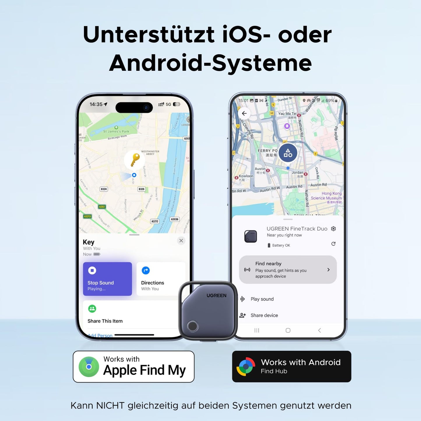 UGREEN FineTrack Duo 4 Pack für iOS & Android, USB C aufladbarer GPS Tracker kompatibel mit Apple Find My oder Google Find Hub, 12 Monaten Laufzeit, Schlüsselfinder für Backpack, Koffer, Pass usw.