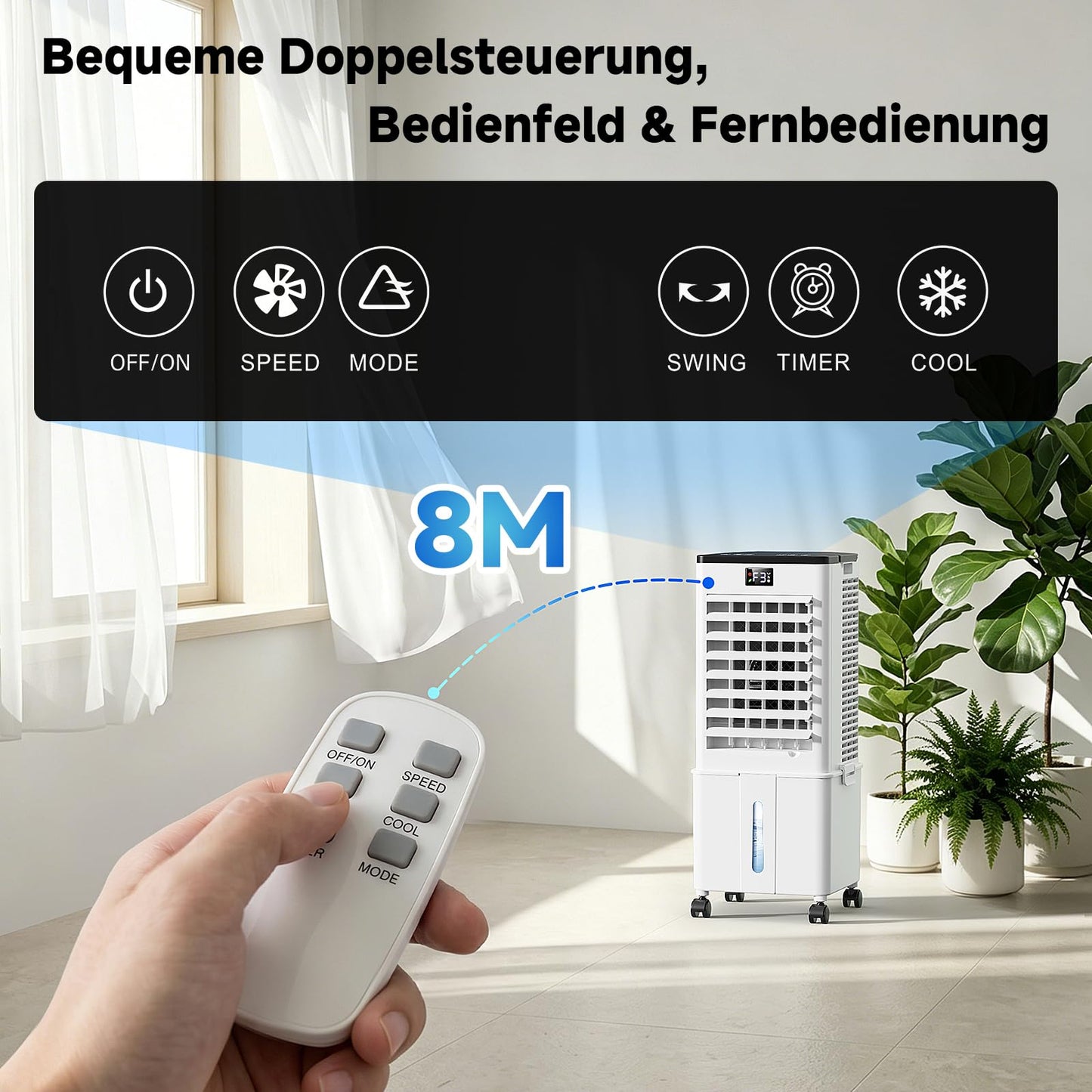 Klimagerät ohne Abluftschlauch 10L, 60W Klimaanlage Mobil, 12H Timer, klimaanlage ohne abluftschlauch 3 Modus, 120°Oszillation, Abnehmbare Wassertank, Tragbarer Luftkühler für Zuhause Büro Perlweiß