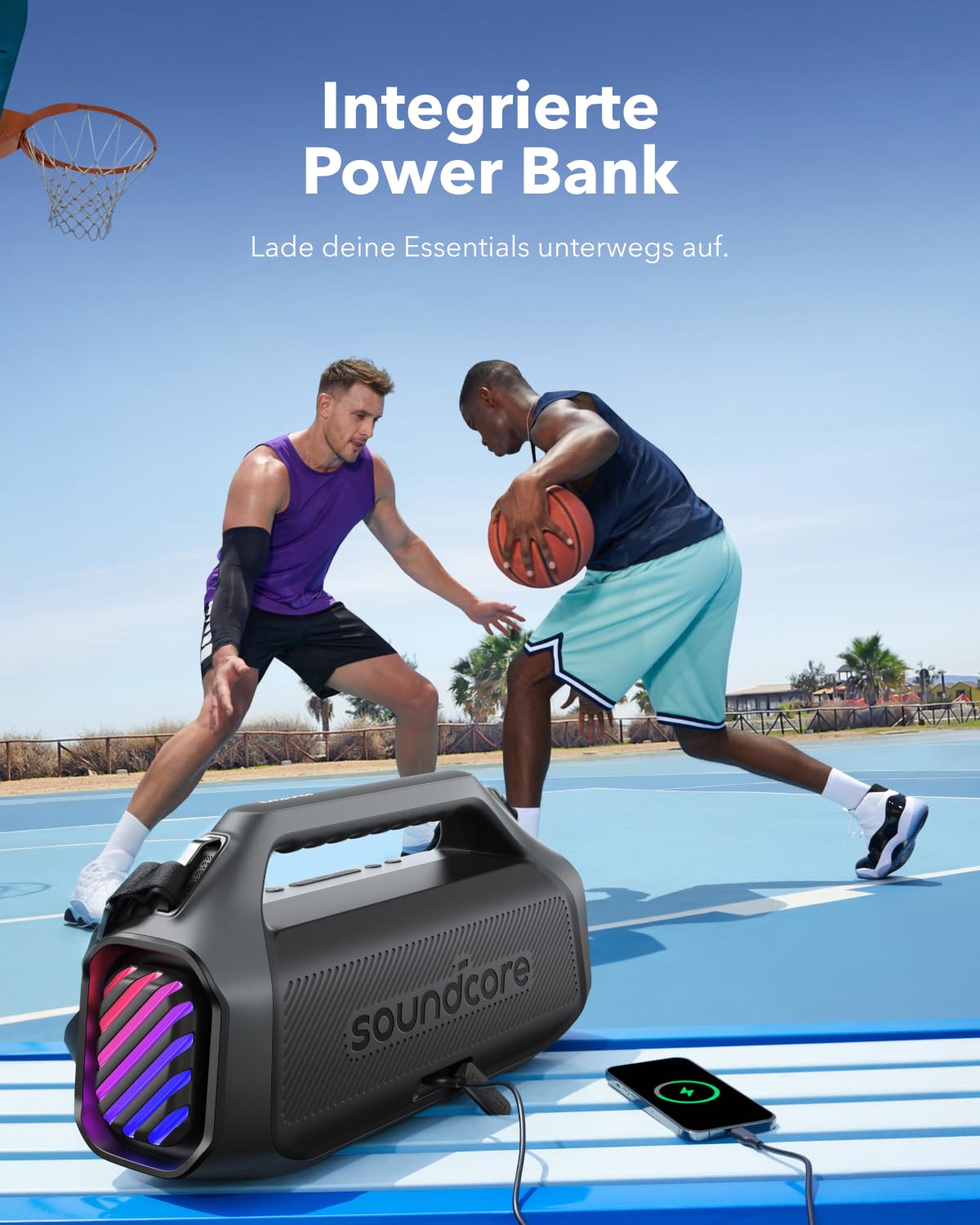 soundcore Boom 2 Plus Outdoor Lautsprecher, 140W, 2+2 Channel, BassUp 2.0, 20h, Schnellladung, IPX7 wasserdicht, RGB Lichter, USB-C, Power Bank, BT 6.0, tragbarer Bluetooth Lautsprecher, Camping