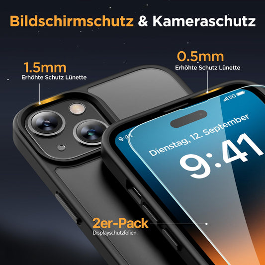 Miracase Magnetisch für iPhone 15 Hülle Kompatibel Mit MagSafe[mit 2 Schutzglas] Militärnorm Schutz Anti-Fingerabdruck Schlanke Ausführung Handyhülle für iPhone 15 6,1 Zoll, Schwarz