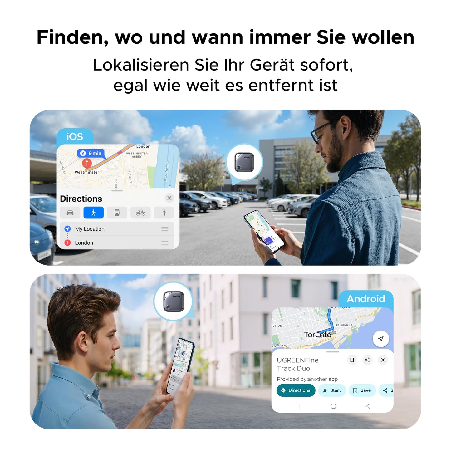 UGREEN FineTrack Duo 4 Pack für iOS & Android, USB C aufladbarer GPS Tracker kompatibel mit Apple Find My oder Google Find Hub, 12 Monaten Laufzeit, Schlüsselfinder für Backpack, Koffer, Pass usw.