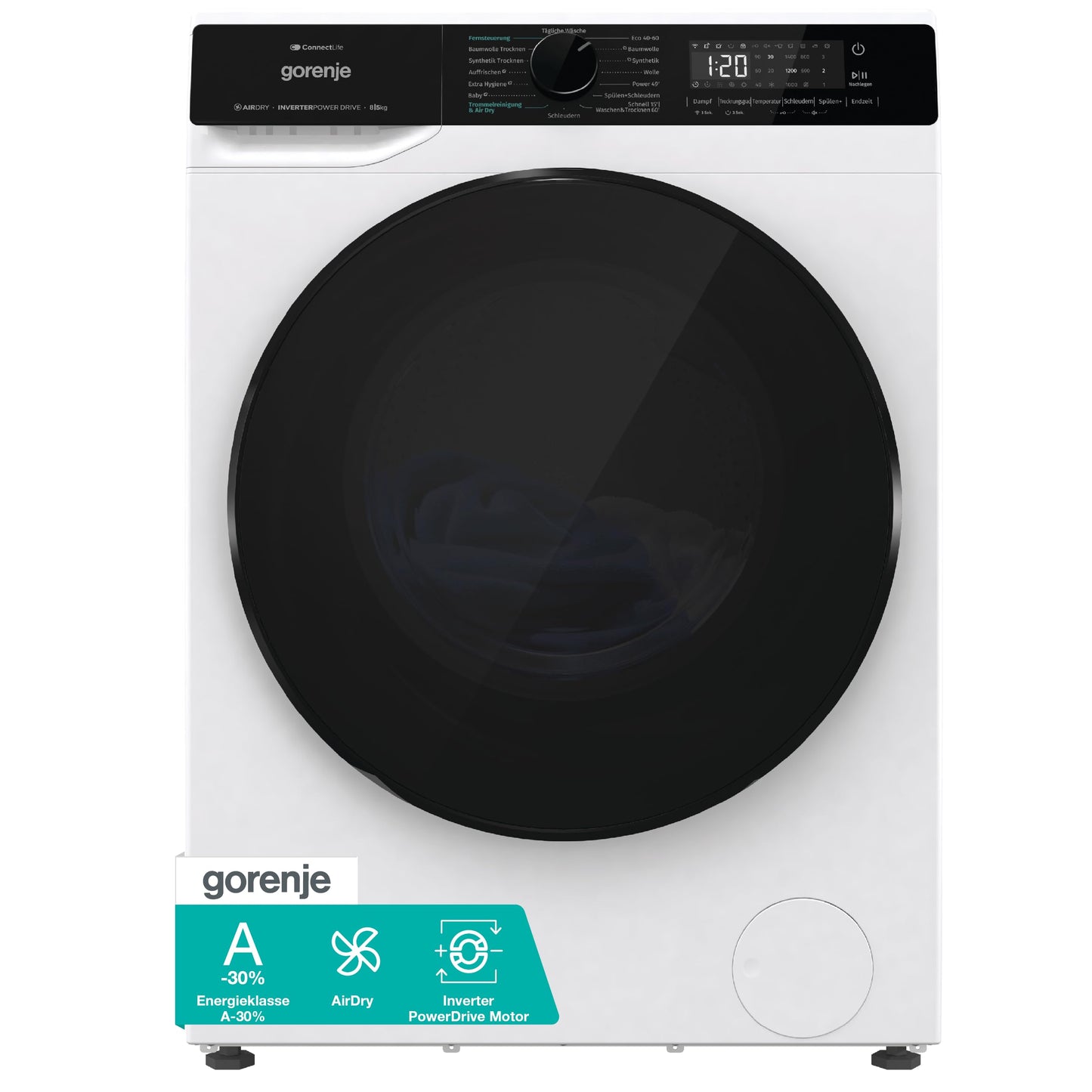 Gorenje WD2PA854ADW, DE Waschtrockner, Connect Life, 16 Programme, 8 KG, 54 Liter, 1400 U, min, AirDry, Inverter PowerDrive Motor, SterilTub, AllergySteam, PowerJetwash, StopAddGo, Wash&Dry 60', A-30%