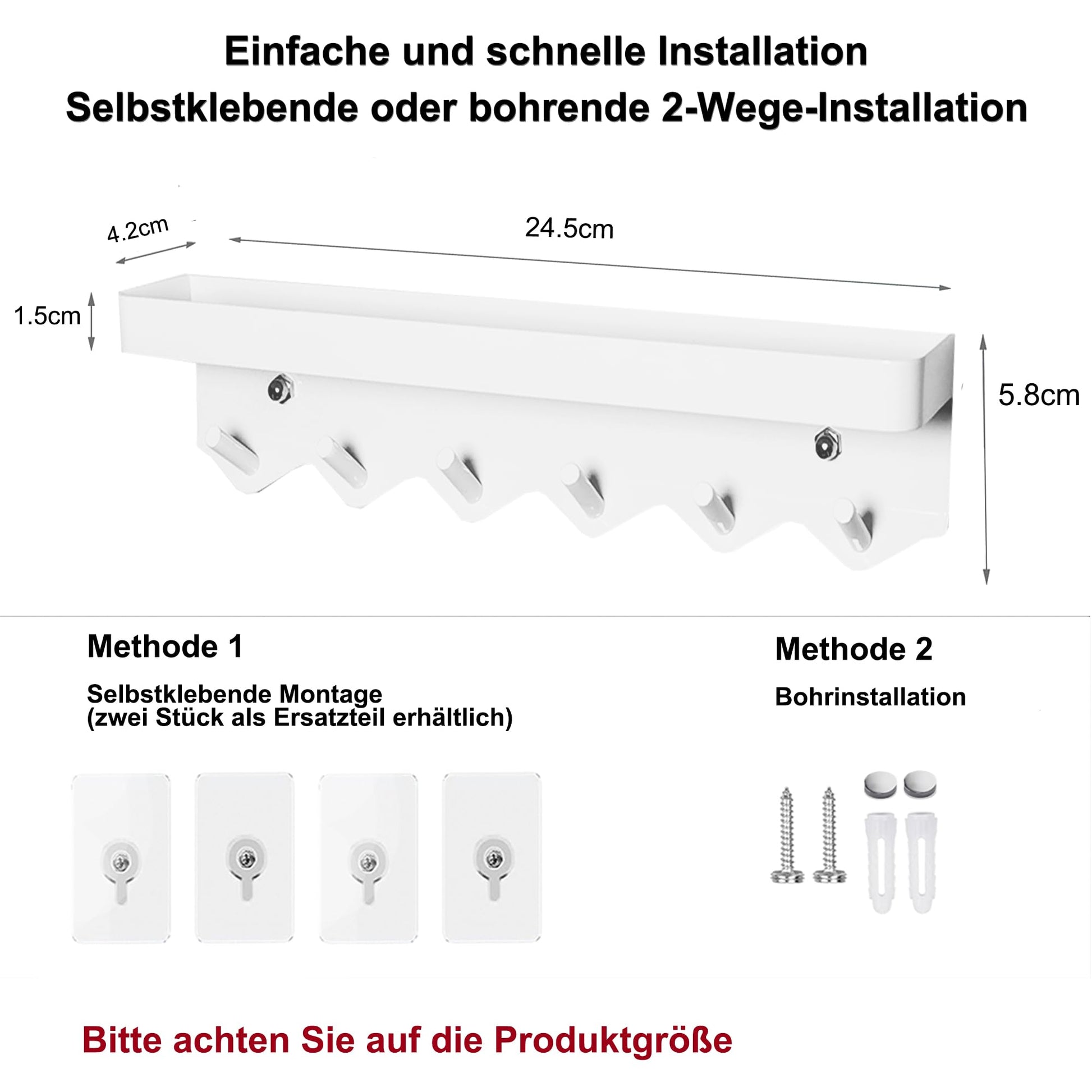 Echehi Schlüsselhalter mit 6 Haken platzsparend und ohne Bohren Weiß-Echehi