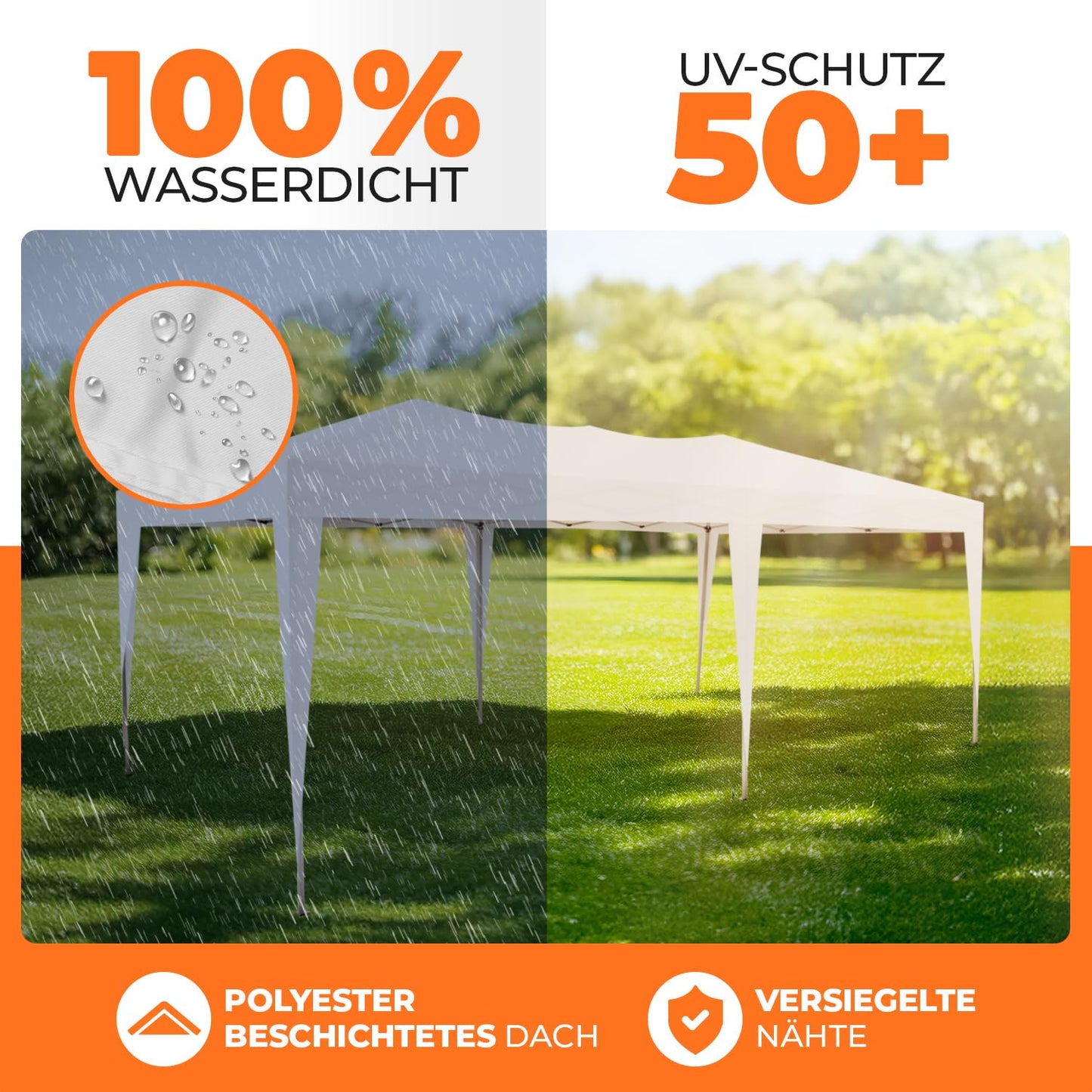 Kronenburg Faltpavillon wasserdicht Pavillon mit 6 Seitenteilen, Gartenzelt, 3x6 m - mit UV Schutz 50+, Champagner