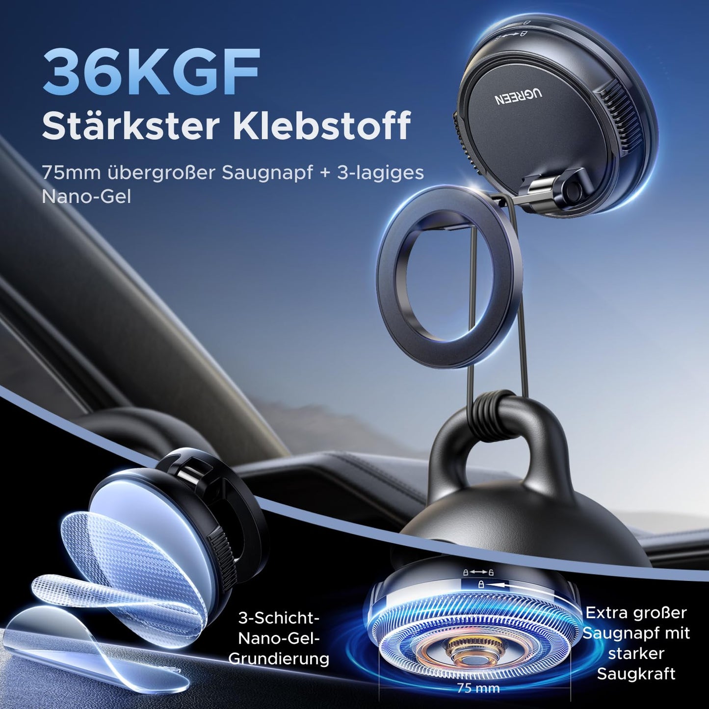 UGREEN Handyhalterung Auto für Magsafe Autohalterung mit N55 Starker Magnet, Handy Halterung Auto mit Vakuum Saugnapf & Nano-Gel-Pad Kompatibel mit iPhone 17 16 15 14 13 12 Pro Max