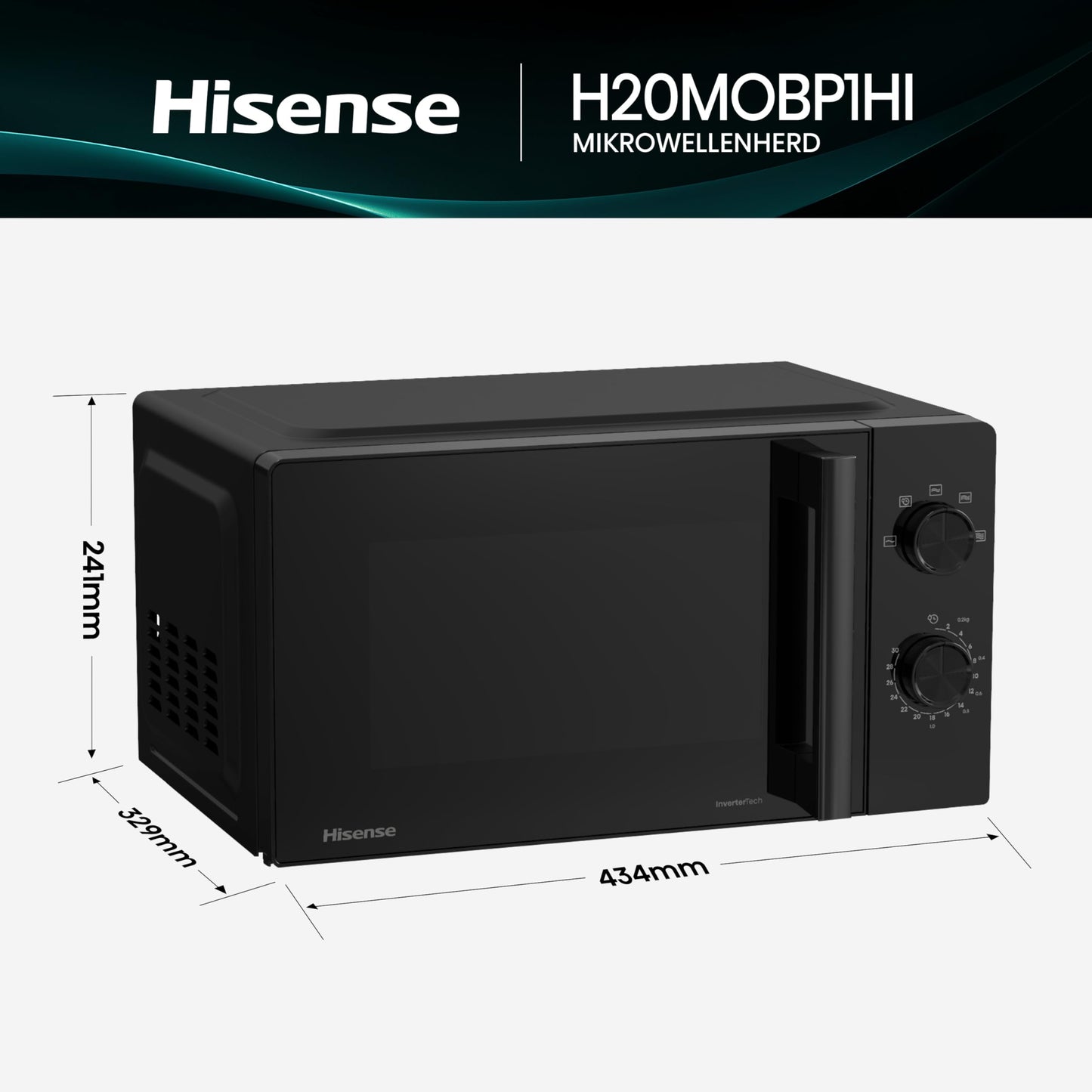 Hisense H20MOBP1HI Mikrowelle /20 L /700W /InverterTech/Keramikbeschichtung/Premium Glas/Maßgeschneidert, Mehrphasiges Kochen/Auftaufunktion/5 Leistungsstufen/Kindersicherung/Schwarz