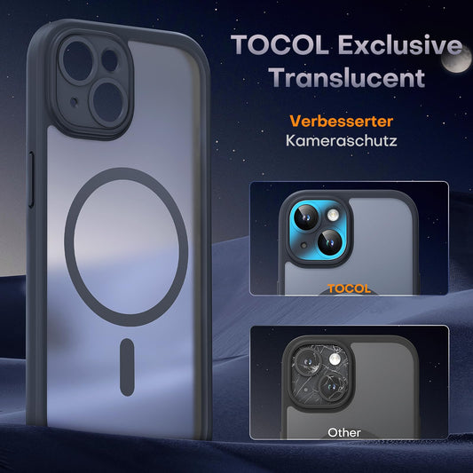 TOCOL für iPhone 15 Hülle für MagSafe, Vollständiger Kameraschutz, Eingebauter Magnetring, Stoßfest Kratzfest Transluzente Matt Handyhülle für iPhone 15 Case 6,1 Zoll, Schwarz