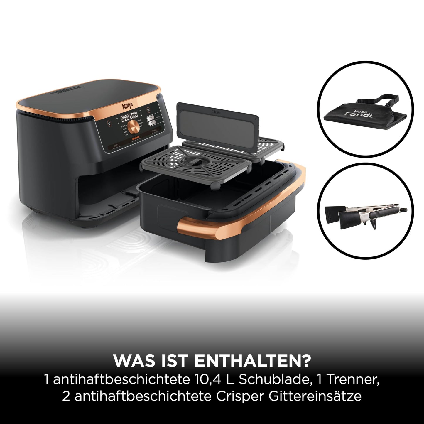 Ninja Foodi FlexDrawer Dual Zone Heißluftfritteuse, Air fryer mit 10,4-Fach und herausnehmbarem Trenner, Antihaftbeschichtung, spülmaschinenfester Korb, 7-in-1, Schwarz & Kupfer, AF500EUCP