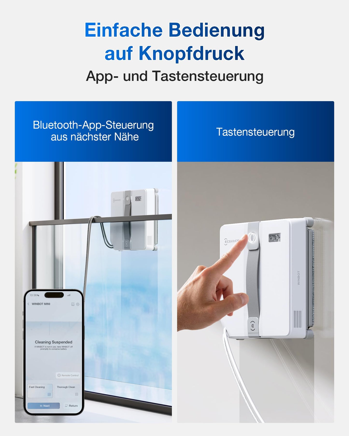 ECOVACS WINBOT Mini Fensterputzroboter, kompaktes Design, Doppel-Düsen mit Ultraschall-Zerstäubung, 9-Stufen-Schutzsystem, intelligente Pfadplanung, 4 Reinigungsmodi, Anti-Rutsch-System, Grau