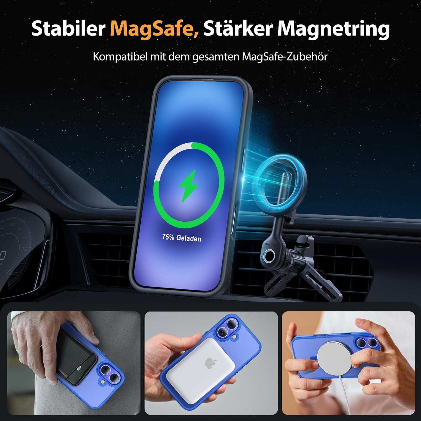 Miracase Magnetisch für iPhone 16 Hülle für Magsafe[mit 2 Schutzglas] Militärschutz Stoßfest Kratzfest Anti-Fingerabdruck Samtige Haptik Dünn Handyhülle für iPhone 16 6,1 Zoll,Leuchtendes Blau