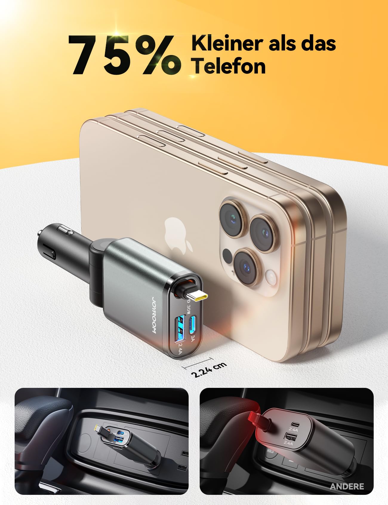 Ultrakompaktes 57W Auto Ladegerät mit Einziehbarem USB C Kabel