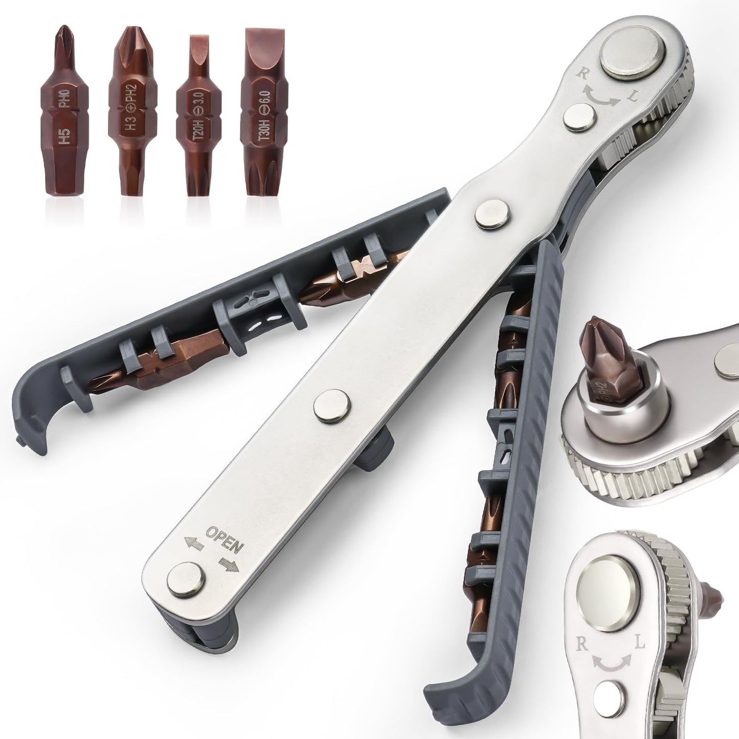 Mini Ratschenschlüssel Magnetisch 134mm mit Schraubendreher Bits