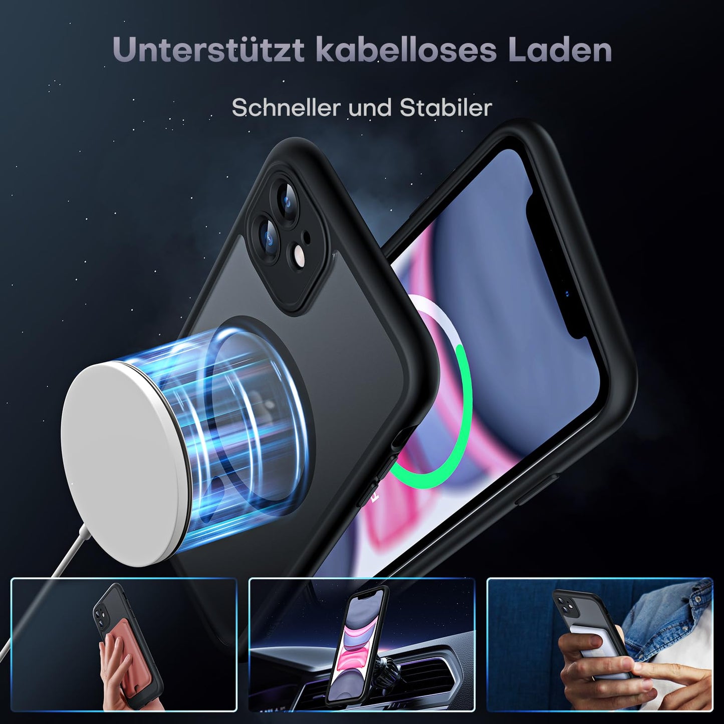 TOCOL für iPhone 11 Hülle für Magsafe, Vollständiger Kameraschutz Stoßfest Kratzfest Transluzente Rückseite Magnetisch Handyhülle für iPhone 11 Case, Schwarz