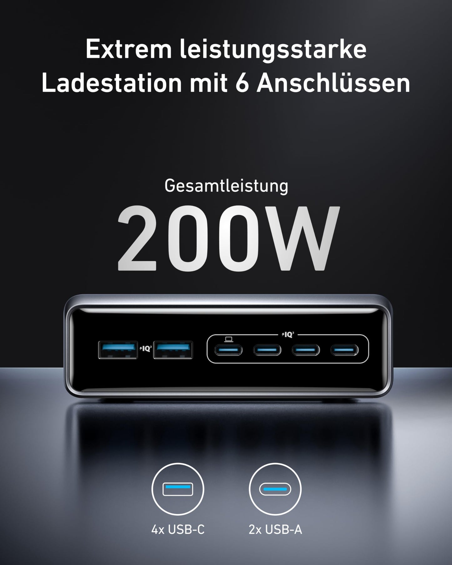 Anker Prime 200W USB C Ladegerät, 200W 6 Anschlüsse GaN Ladestation, USB-C PD Desktop Ladegerät mit Schnell-Laden, kompatibel mit iPhone 17/16/15 Series, Samsung, MacBook, Dell und mehr