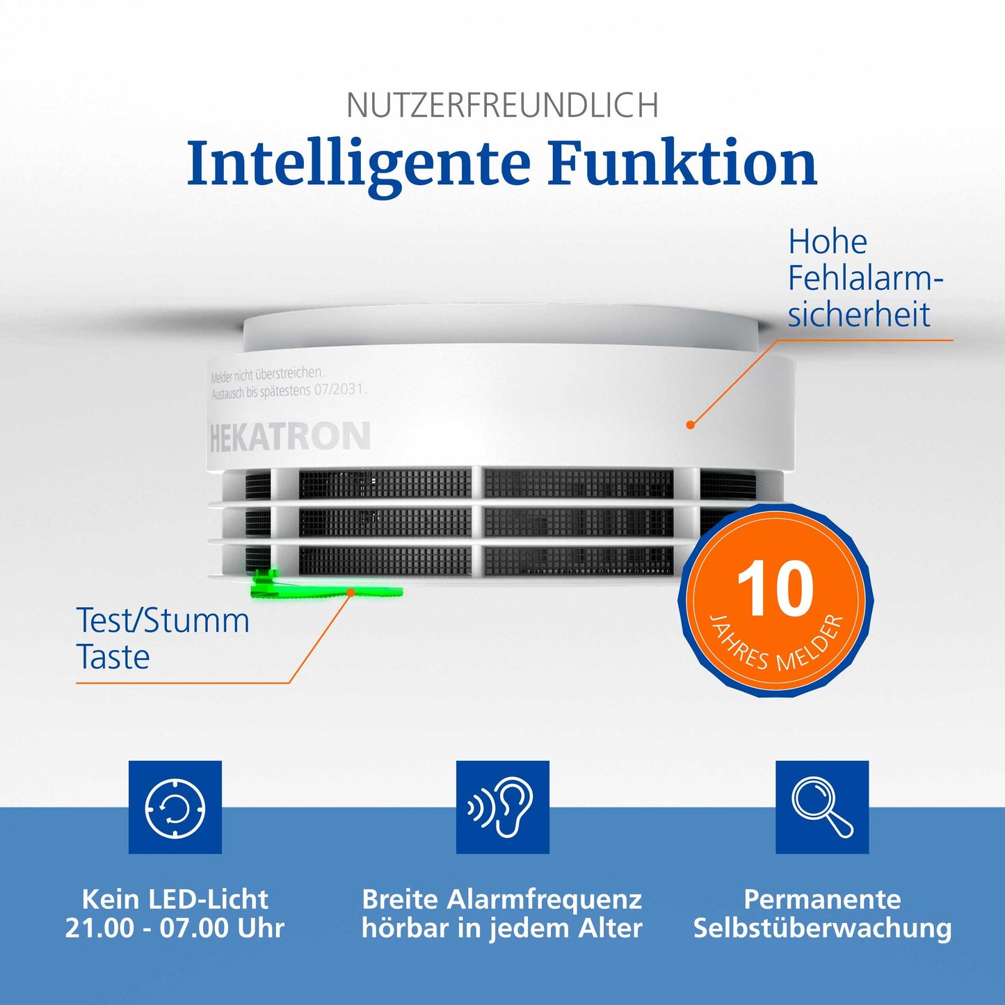 Hekatron Genius Plus – Rauchmelder 10 Jahre Batterie – Testsieger Stiftung Warentest – Made in Germany – inkl. 1x Klebepad – App-unterstützt – Feuermelder – mehrsprachig – 1 Stück