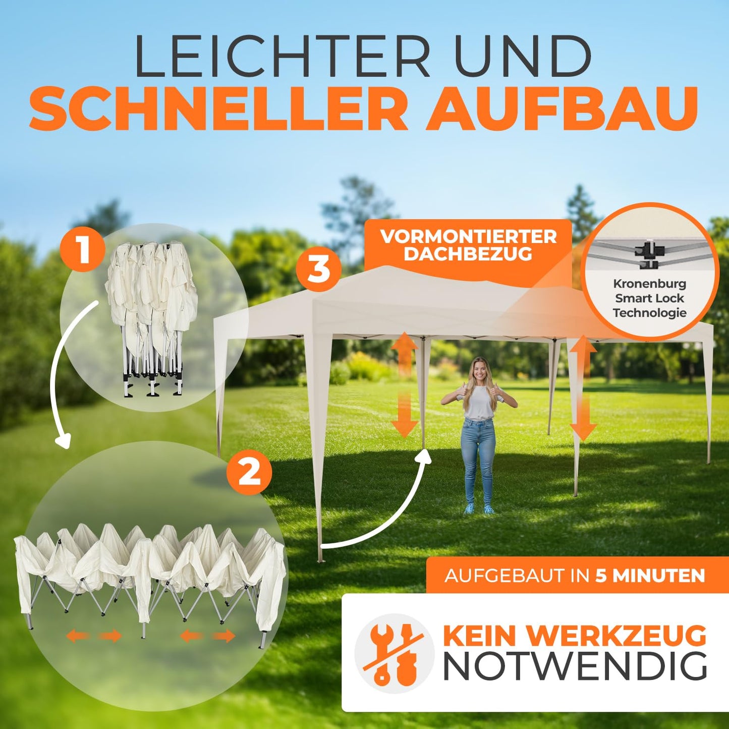 Kronenburg Faltpavillon wasserdicht Pavillon mit 6 Seitenteilen, Gartenzelt, 3x6 m - mit UV Schutz 50+, Champagner