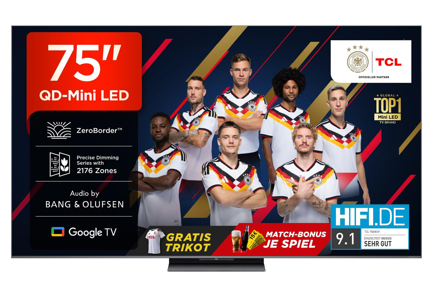TCL 75Q8C 75 Zoll QD-Mini LED Fernseher, 4K HDR Premium 4500, ZeroBorder™, Smart Google TV, CrystGlow WHVA Panel, Audio von Bang & Olufsen, 144Hz Motion Clarity Pro, Dolby Vision IQ & Atmos