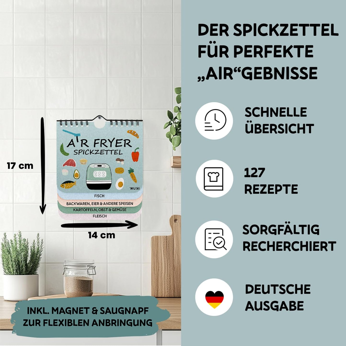 Kompakter Airfryer Spickzettel mit 127 Rezepten und Garzeiten