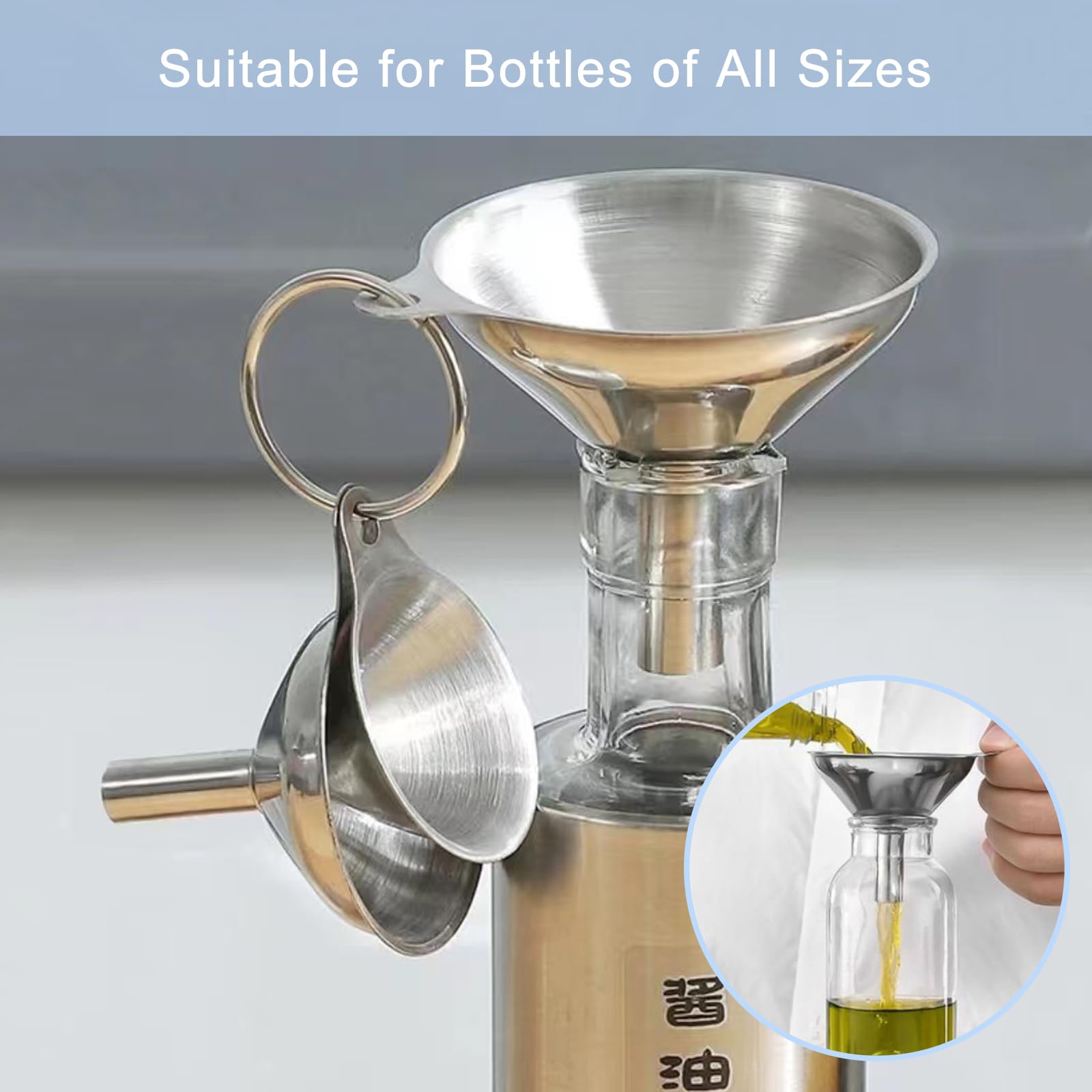 3 teiliges Edelstahl Trichter Set mit Griff und Reinigungsbürste für Küche-Nutabevr