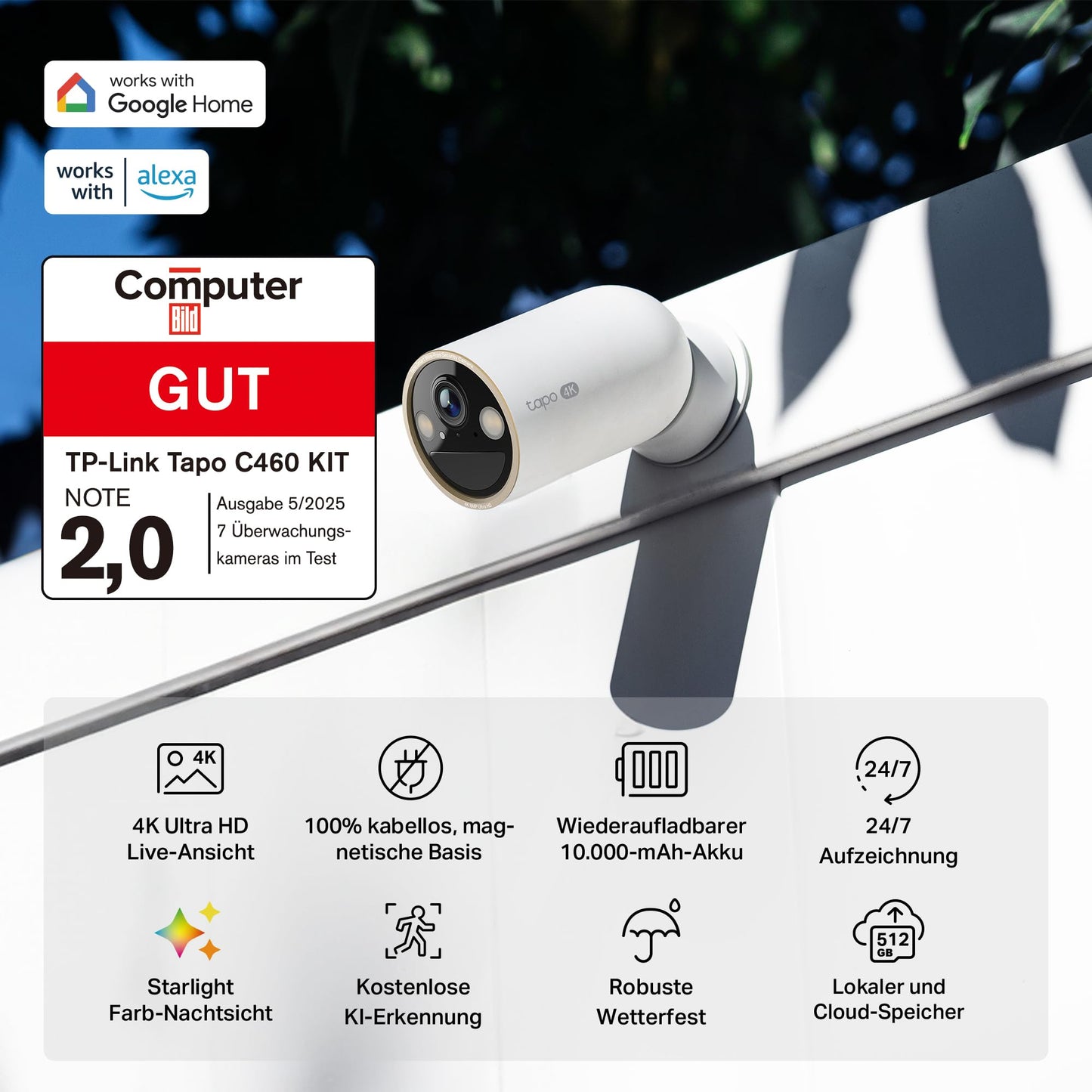 Tapo C460 4K 8MP Überwachungskamera Aussen Akku, Starlight-Farb-Nachtsicht, Dual-Band WLAN, Magnetfuß, Verschlüsselte microSD-Aufzeichnung, KI-Erkennung, 10000-mAh-Akku