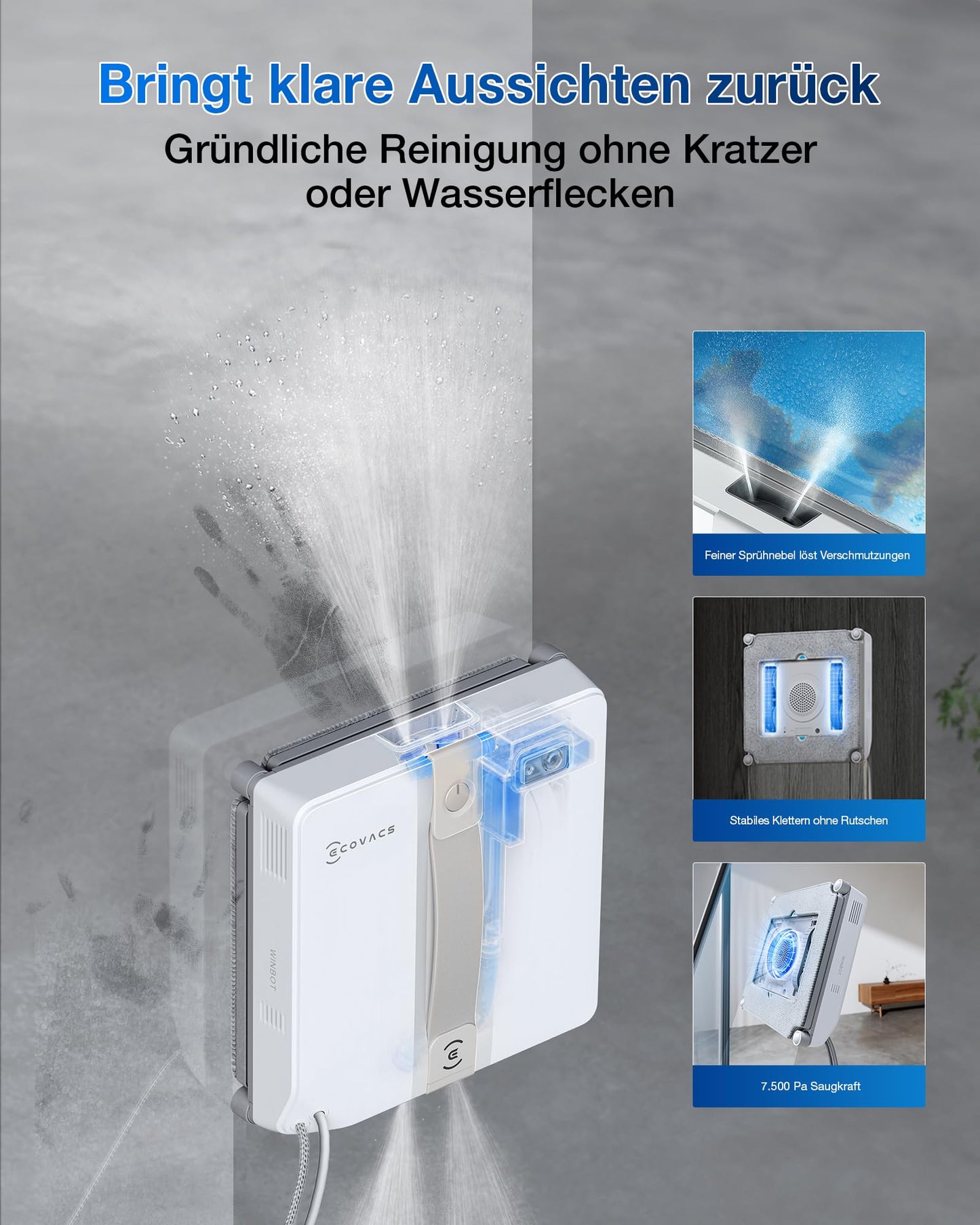 ECOVACS WINBOT Mini Fensterputzroboter, kompaktes Design, Doppel-Düsen mit Ultraschall-Zerstäubung, 9-Stufen-Schutzsystem, intelligente Pfadplanung, 4 Reinigungsmodi, Anti-Rutsch-System, Grau