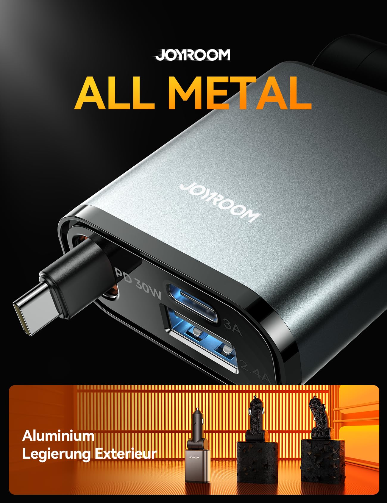 Ultrakompaktes 57W Auto Ladegerät mit Einziehbarem USB C Kabel