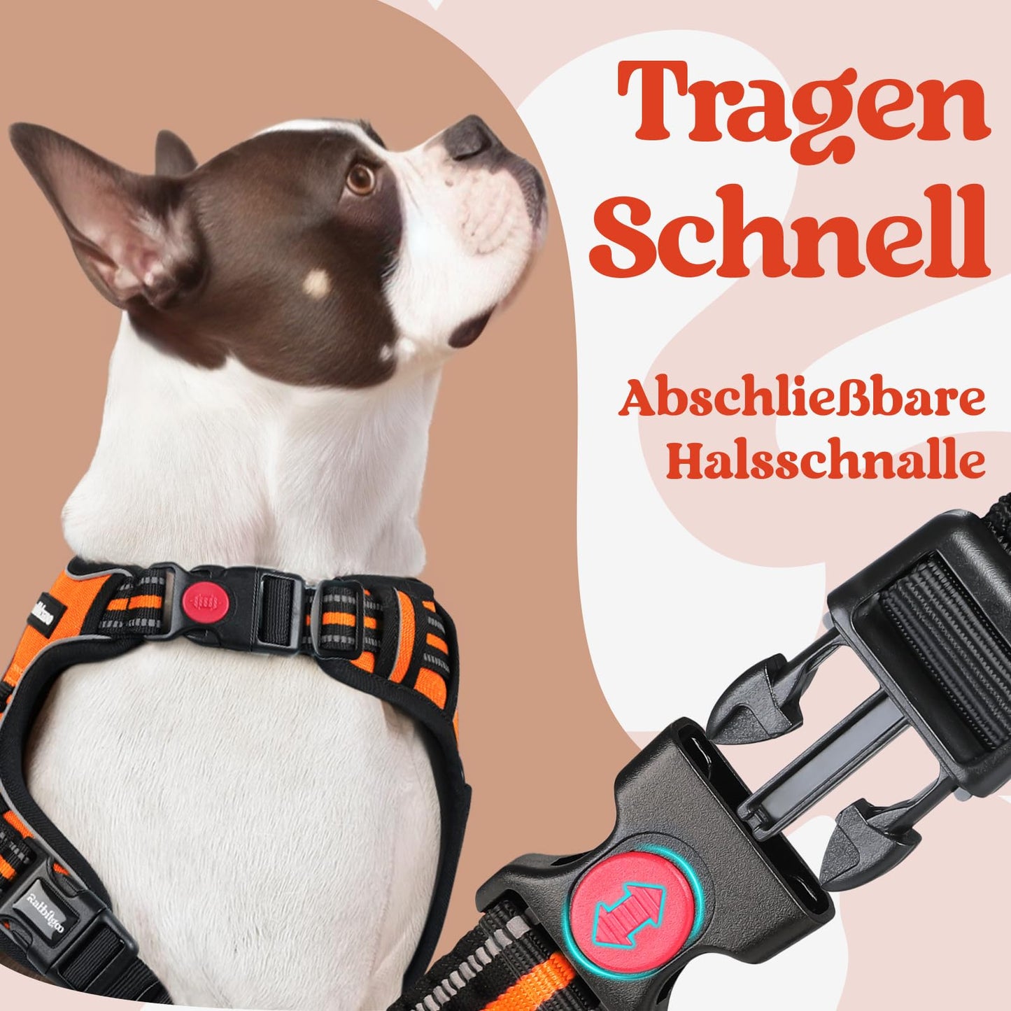 rabbitgoo Hundegeschirr Grosse Hunde, Verstellbare Geschirr Hund ohne Zug & Würgen, Anti Zug Hundegeschirr mit Griff, weich Gepolsterte Reflektierende Brustgeschirr, Orange L