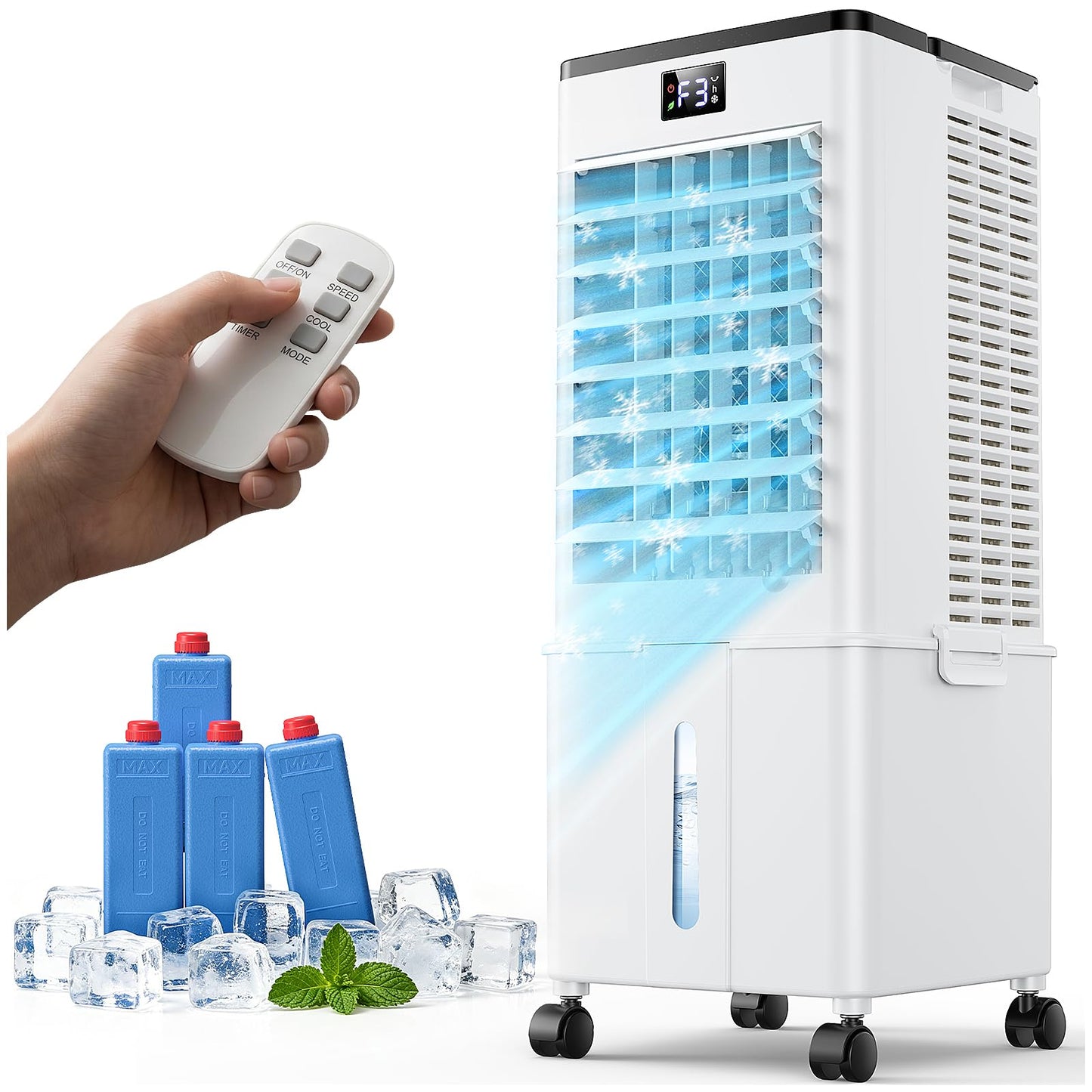 Klimagerät ohne Abluftschlauch 10L, 60W Klimaanlage Mobil, 12H Timer, klimaanlage ohne abluftschlauch 3 Modus, 120°Oszillation, Abnehmbare Wassertank, Tragbarer Luftkühler für Zuhause Büro Perlweiß